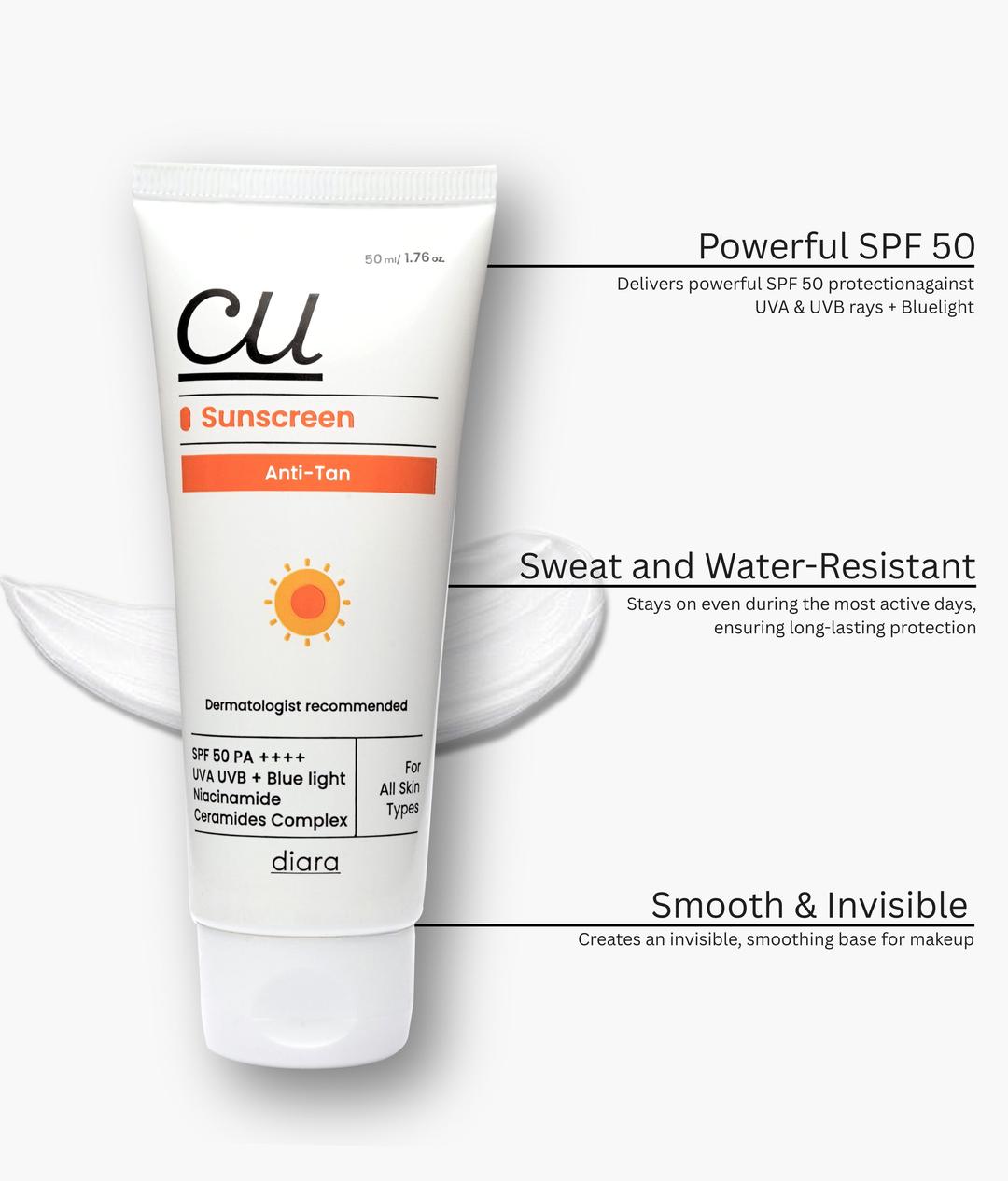 Diara CU Sunscreen back view with ingredients